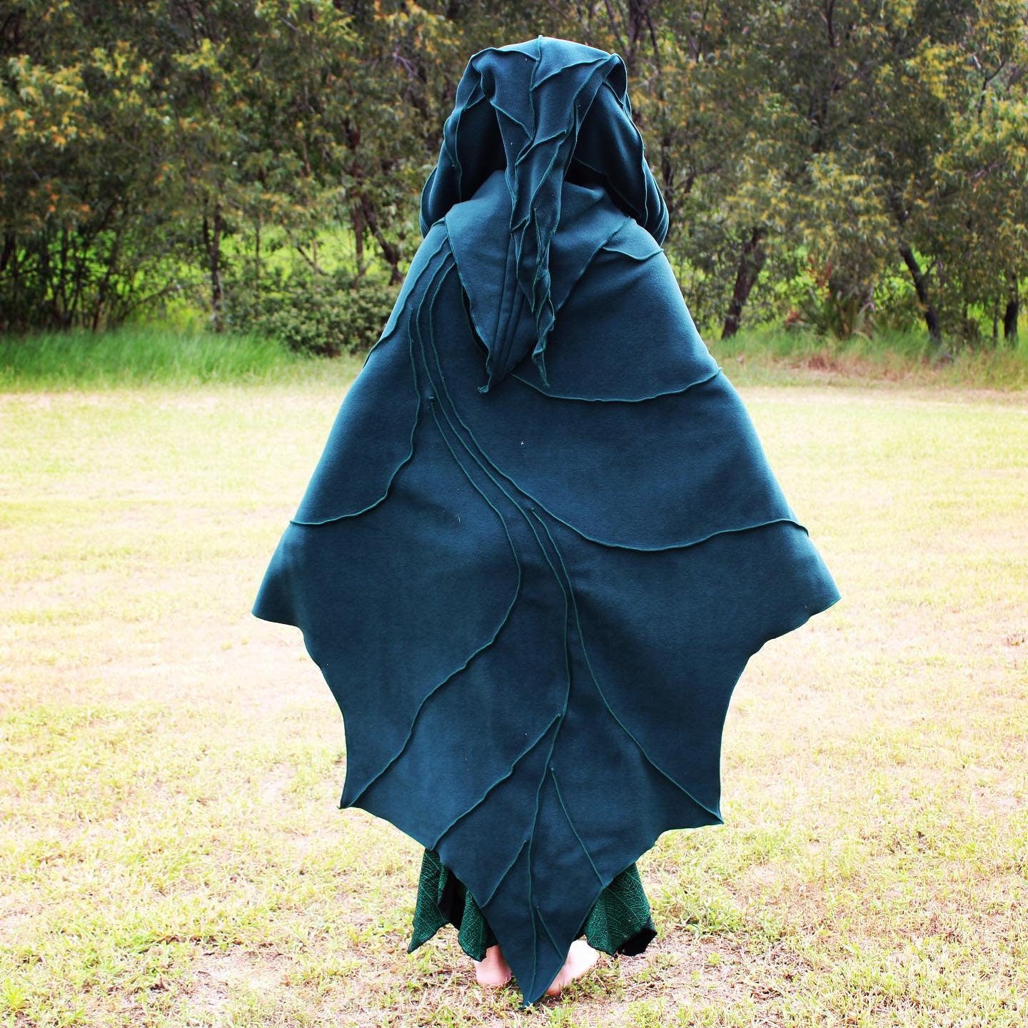 Bottle Green - Leaf Cape Poncho with Giant Pixie Hood - - cloak - cape