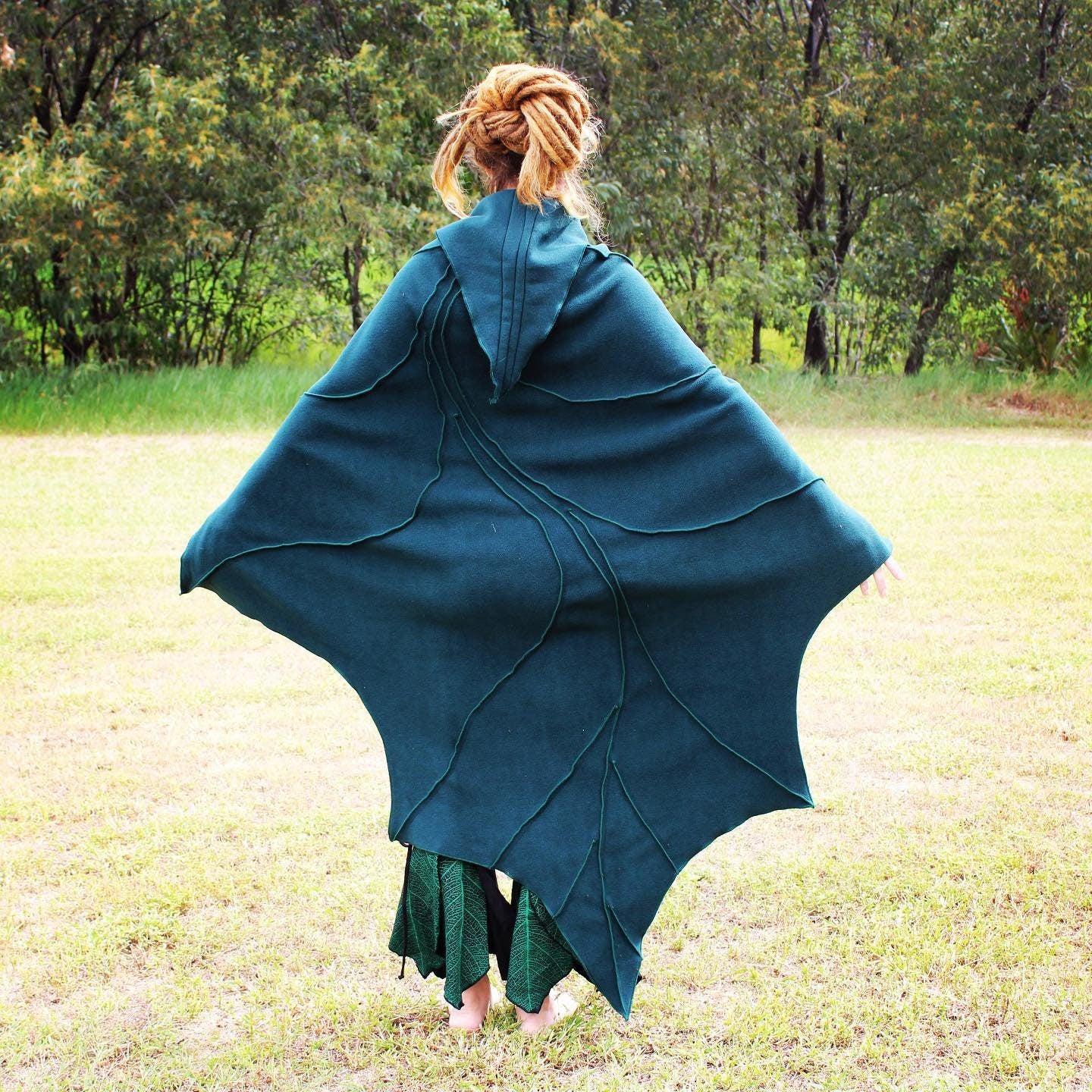 Bottle Green - Leaf Cape Poncho with Giant Pixie Hood - - cloak - cape