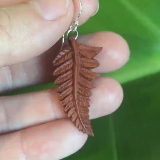 Fern Earrings - Red/Brown Mahogany - Wood Leaf Earrings