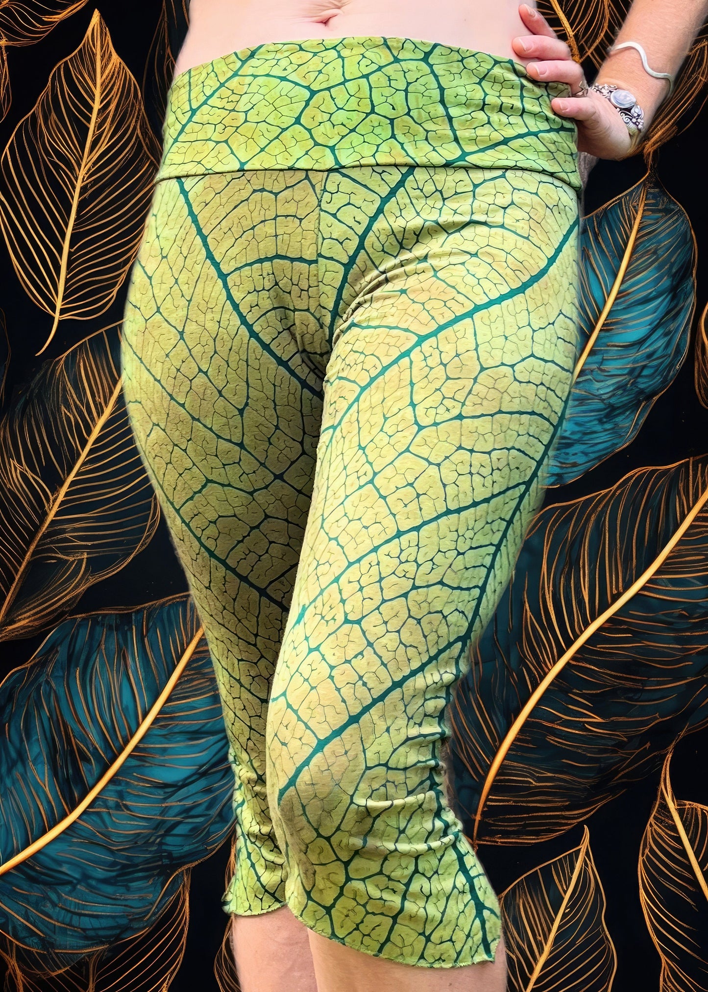 Handmade 3/4 Length Leafy Leggings - tights - organic cotton - hand printed and stitched by me
